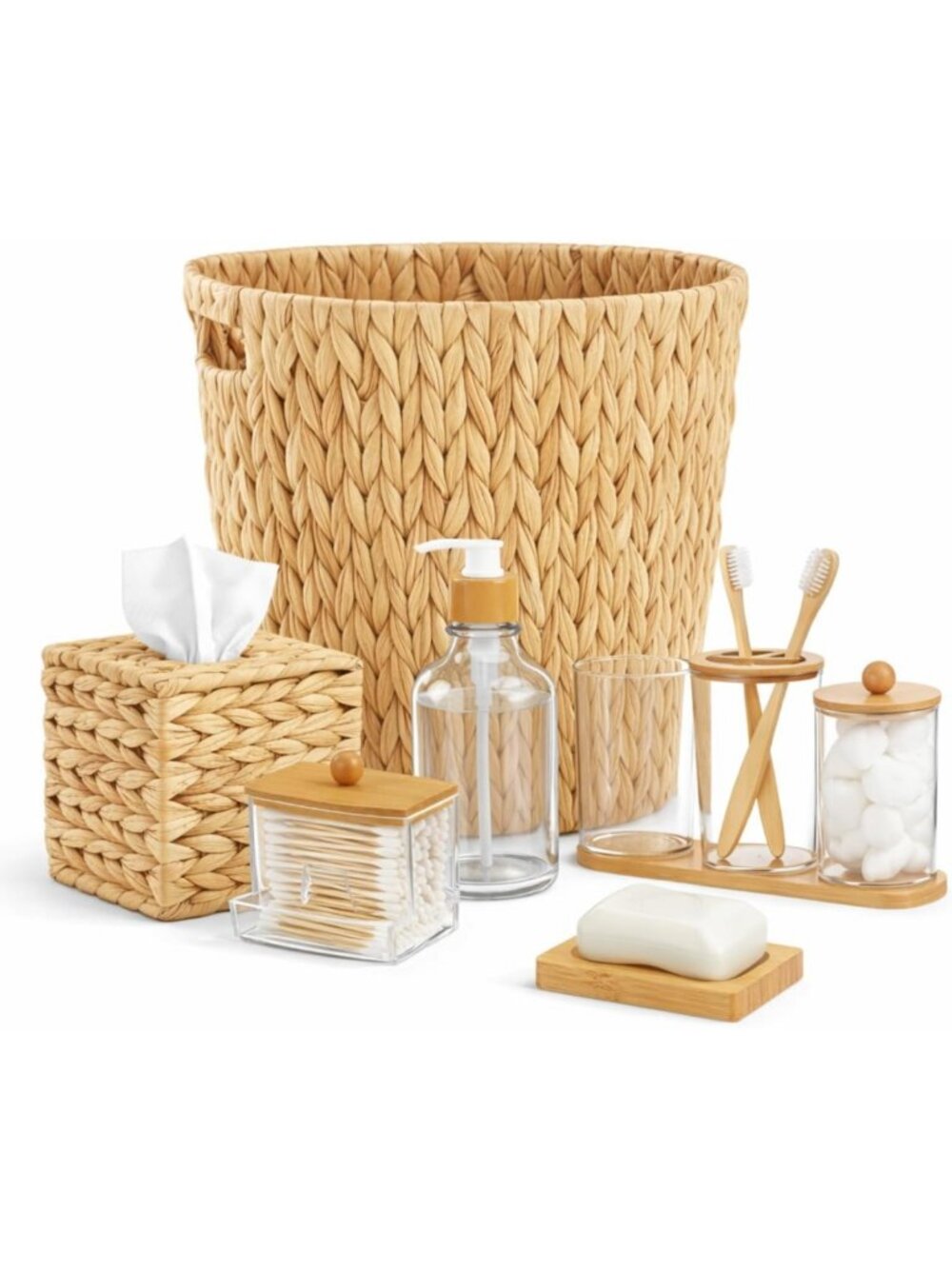 Handwoven Wicker Bathroom Set - 9-Piece Natural Water Hyacinth Decor, Trash Can